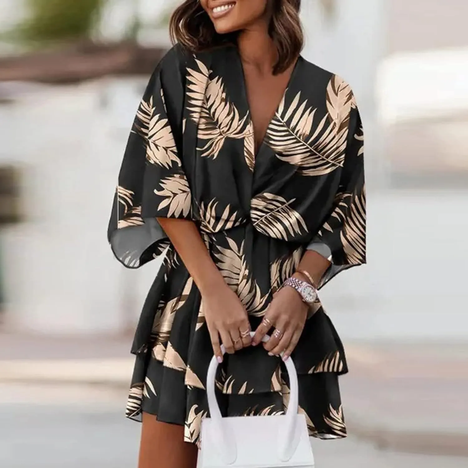Beach Dresses for Women,2024 Summer Batwing Sleeve Floral Print Boho Dress,Casual V Neck Tiered Ruched Mini Dress
