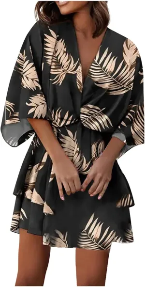 Beach Dresses for Women,2024 Summer Batwing Sleeve Floral Print Boho Dress,Casual V Neck Tiered Ruched Mini Dress