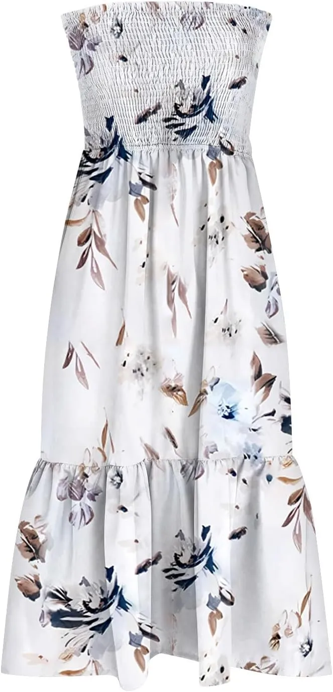 Beach Dresses for Women,2024 Summer Elegant Pleated Bandeau Maxi Dress,Trendy Flowy Ruffle Smocked Cruise Sundress