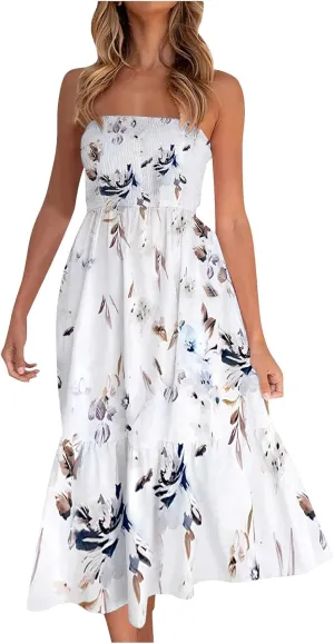 Beach Dresses for Women,2024 Summer Elegant Pleated Bandeau Maxi Dress,Trendy Flowy Ruffle Smocked Cruise Sundress