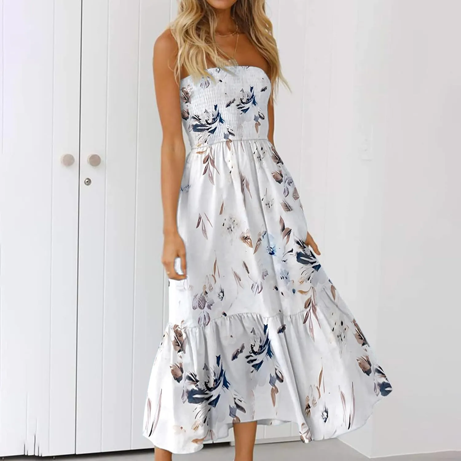 Beach Dresses for Women,2024 Summer Elegant Pleated Bandeau Maxi Dress,Trendy Flowy Ruffle Smocked Cruise Sundress