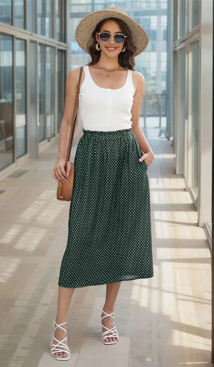 Beimuc Women's Midi Skirts 2024 Casual High Waist Polka Dot Pleated Skirt Boho A-Line Flowy Skirt with Pockets