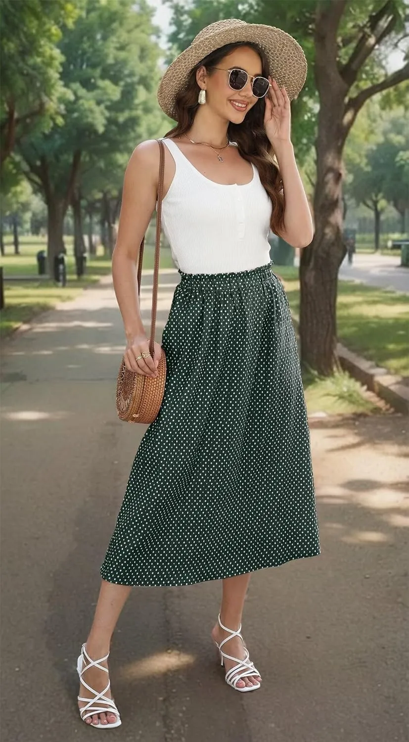 Beimuc Women's Midi Skirts 2024 Casual High Waist Polka Dot Pleated Skirt Boho A-Line Flowy Skirt with Pockets