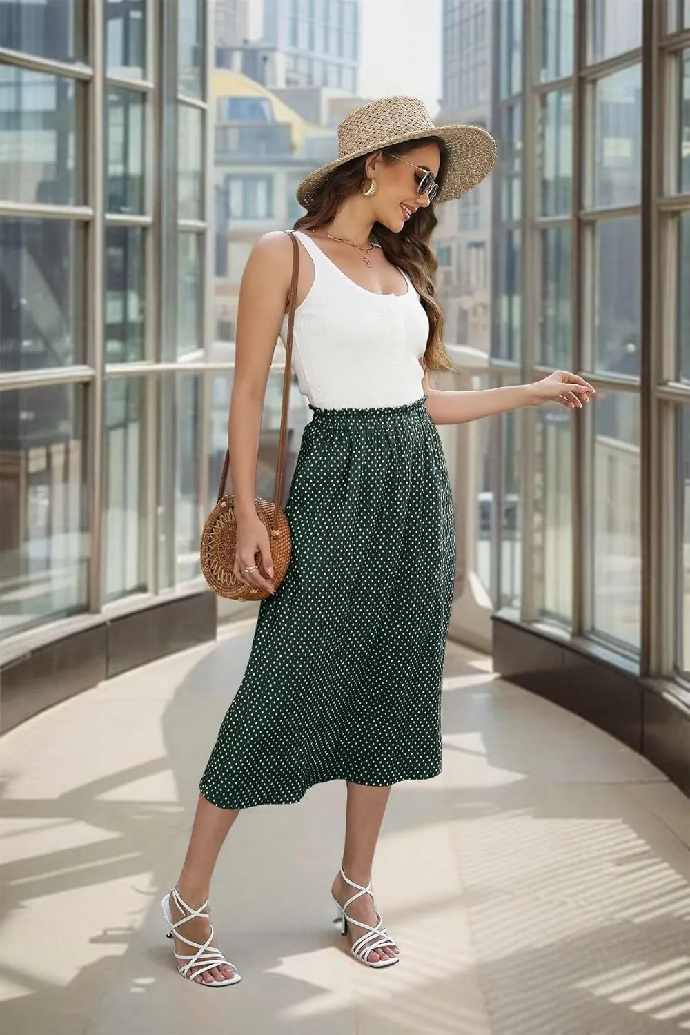 Beimuc Women's Midi Skirts 2024 Casual High Waist Polka Dot Pleated Skirt Boho A-Line Flowy Skirt with Pockets