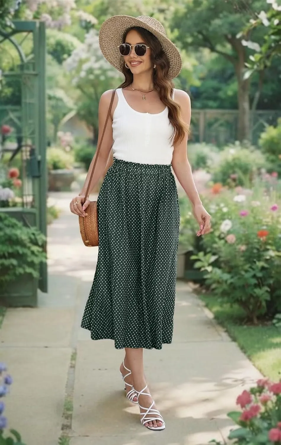 Beimuc Women's Midi Skirts 2024 Casual High Waist Polka Dot Pleated Skirt Boho A-Line Flowy Skirt with Pockets