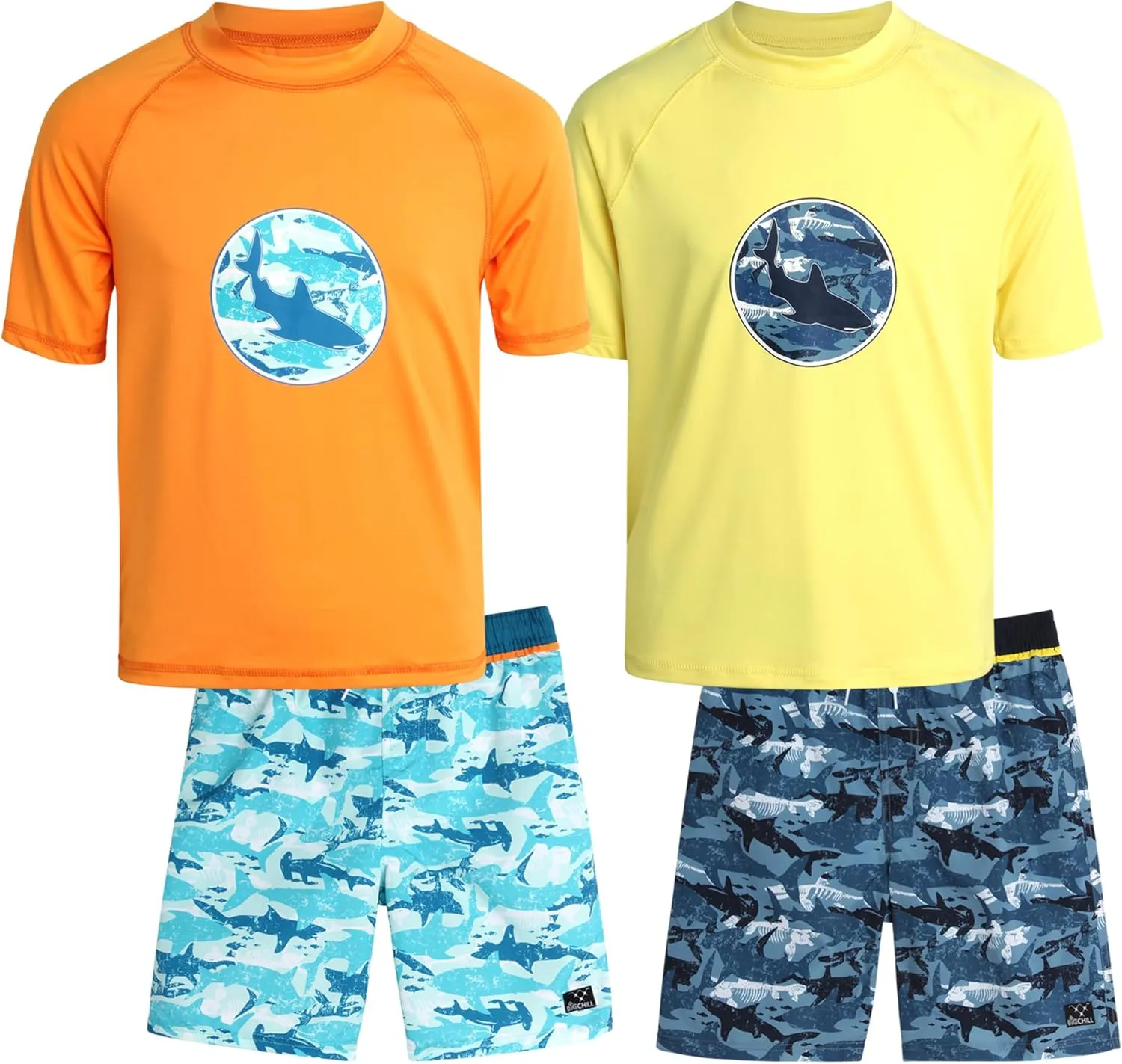 Big Chill Boys Rash Guard Set - 4 Piece UPF50  Sun Protection Quick Dry Short Sleeve Swim Shirt & Swim Trunks Set (Size 4-14)
