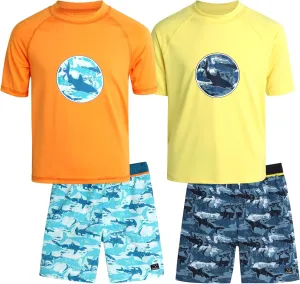 Big Chill Boys Rash Guard Set - 4 Piece UPF50  Sun Protection Quick Dry Short Sleeve Swim Shirt & Swim Trunks Set (Size 4-14)