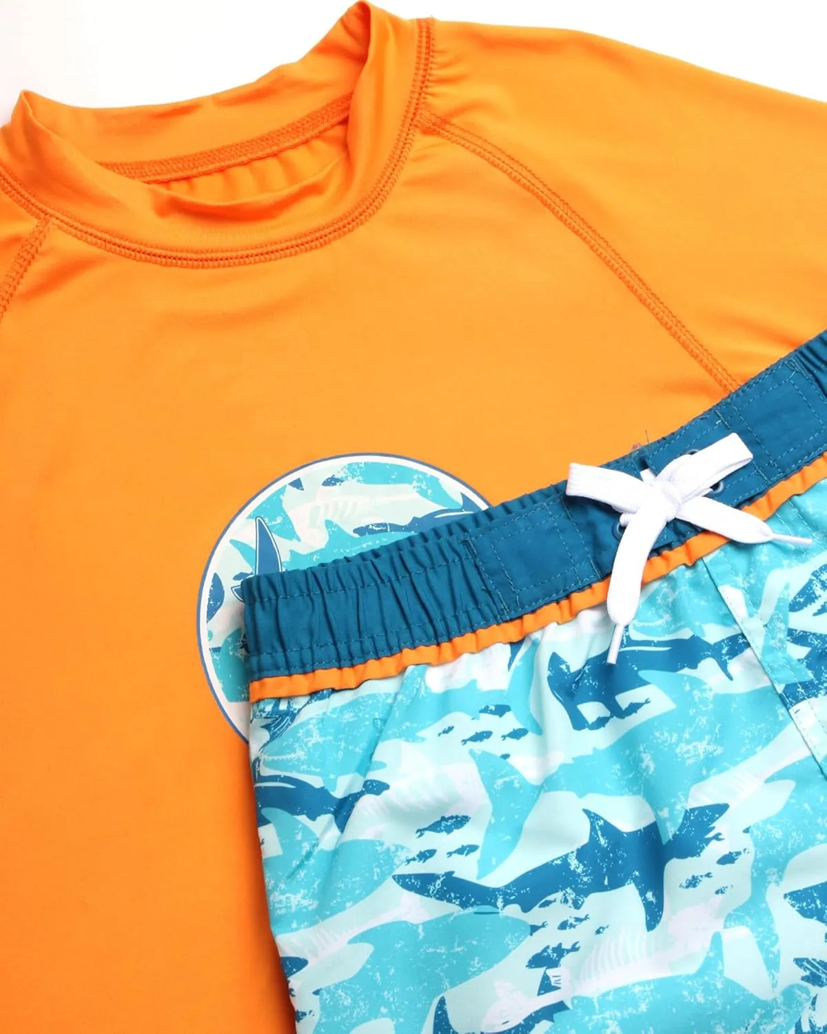 Big Chill Boys Rash Guard Set - 4 Piece UPF50  Sun Protection Quick Dry Short Sleeve Swim Shirt & Swim Trunks Set (Size 4-14)