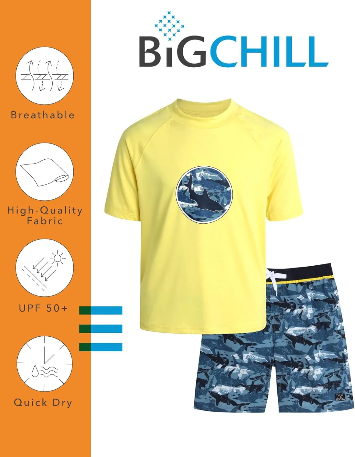 Big Chill Boys Rash Guard Set - 4 Piece UPF50  Sun Protection Quick Dry Short Sleeve Swim Shirt & Swim Trunks Set (Size 4-14)