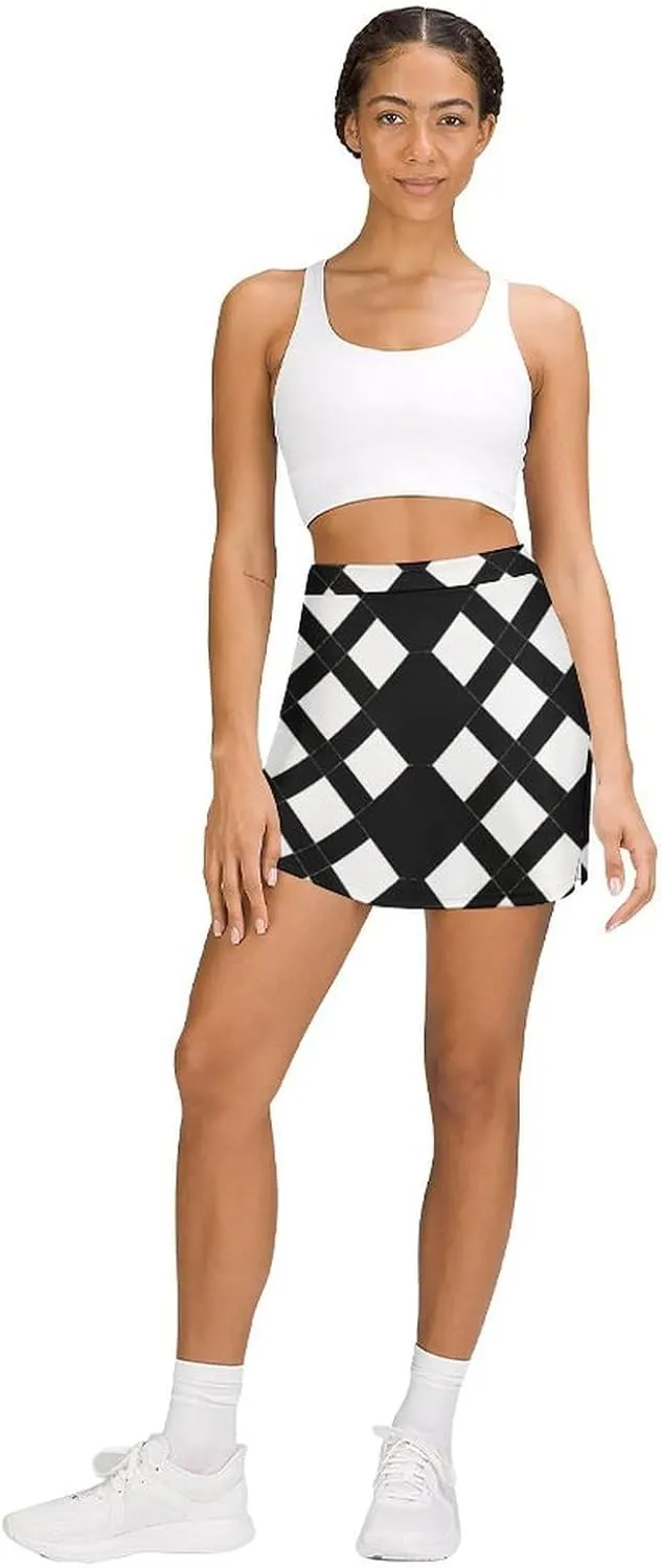 Black And White Diamond Pattern Women's Skort Athletic Skirt Golf Skorts A-line Skirts with Built-in Shorts Pockets