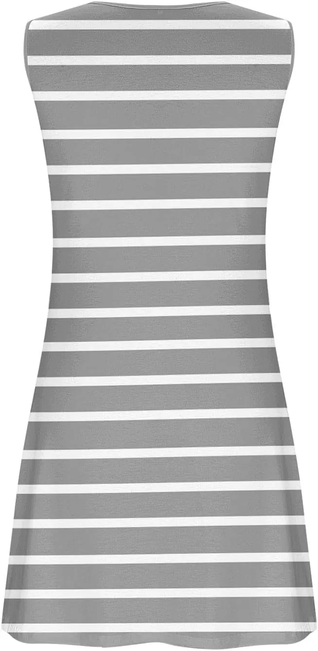 Borniu Women Summer Beach Vocation Casual Striped T Shirt Sundress Sleeveless Crewneck Loose Tank Flowy Swing Short Dresses