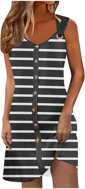 Borniu Women Summer Beach Vocation Casual Striped T Shirt Sundress Sleeveless Crewneck Loose Tank Flowy Swing Short Dresses