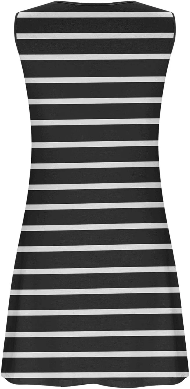 Borniu Women Summer Beach Vocation Casual Striped T Shirt Sundress Sleeveless Crewneck Loose Tank Flowy Swing Short Dresses
