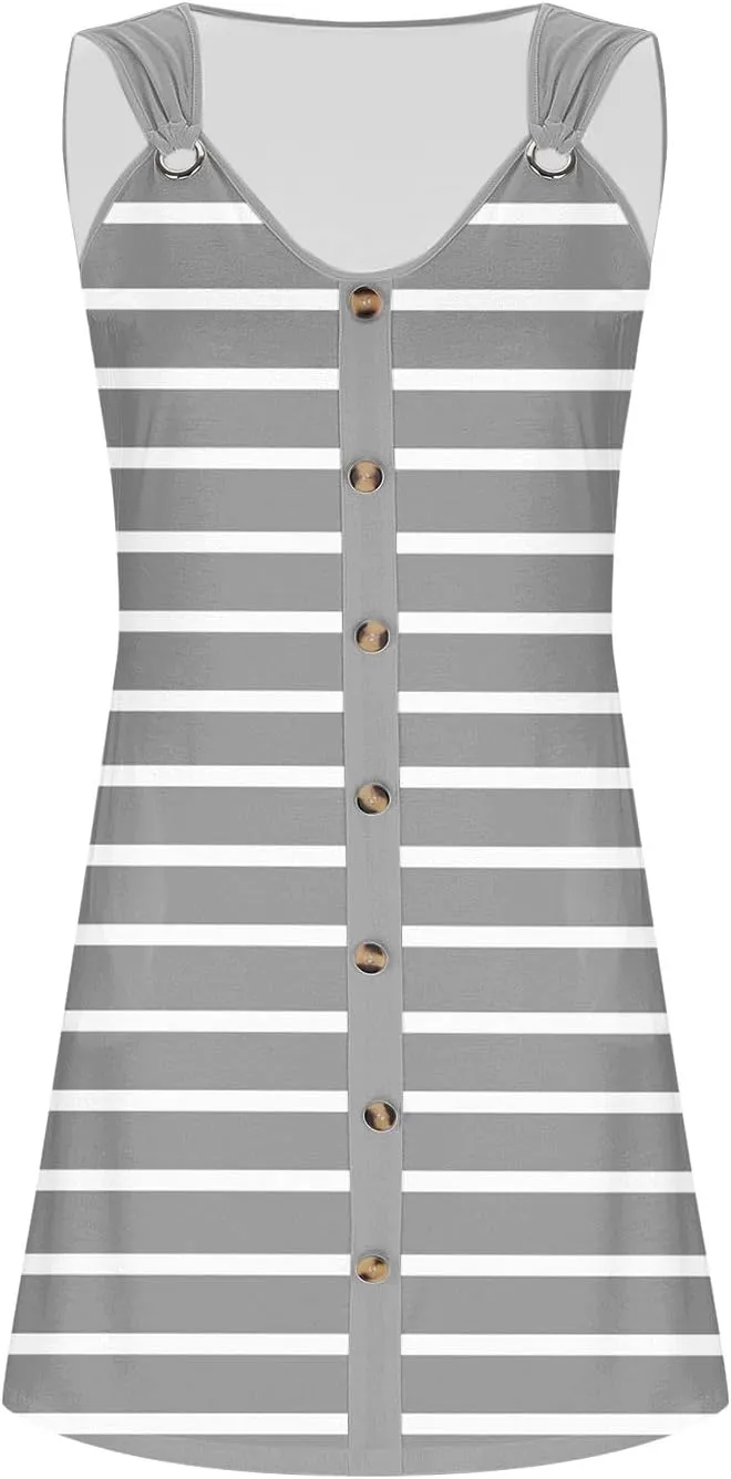 Borniu Women Summer Beach Vocation Casual Striped T Shirt Sundress Sleeveless Crewneck Loose Tank Flowy Swing Short Dresses
