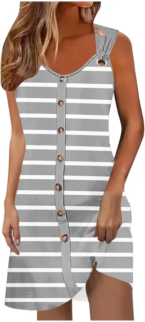Borniu Women Summer Beach Vocation Casual Striped T Shirt Sundress Sleeveless Crewneck Loose Tank Flowy Swing Short Dresses