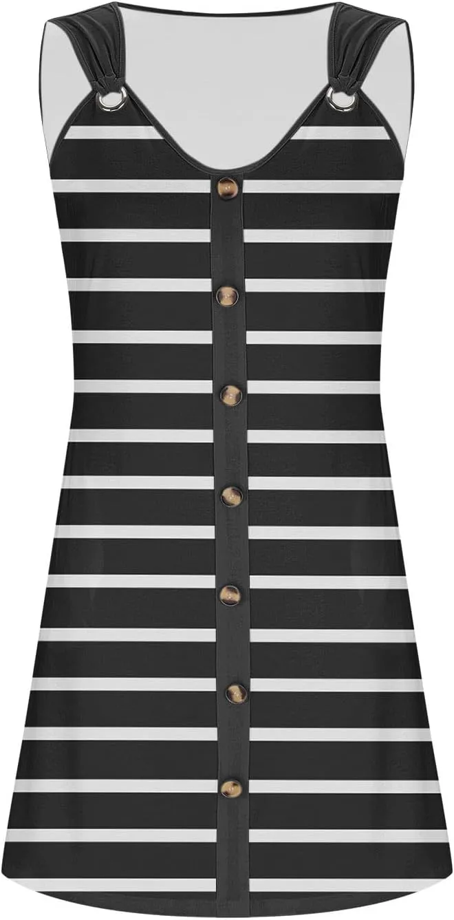 Borniu Women Summer Beach Vocation Casual Striped T Shirt Sundress Sleeveless Crewneck Loose Tank Flowy Swing Short Dresses