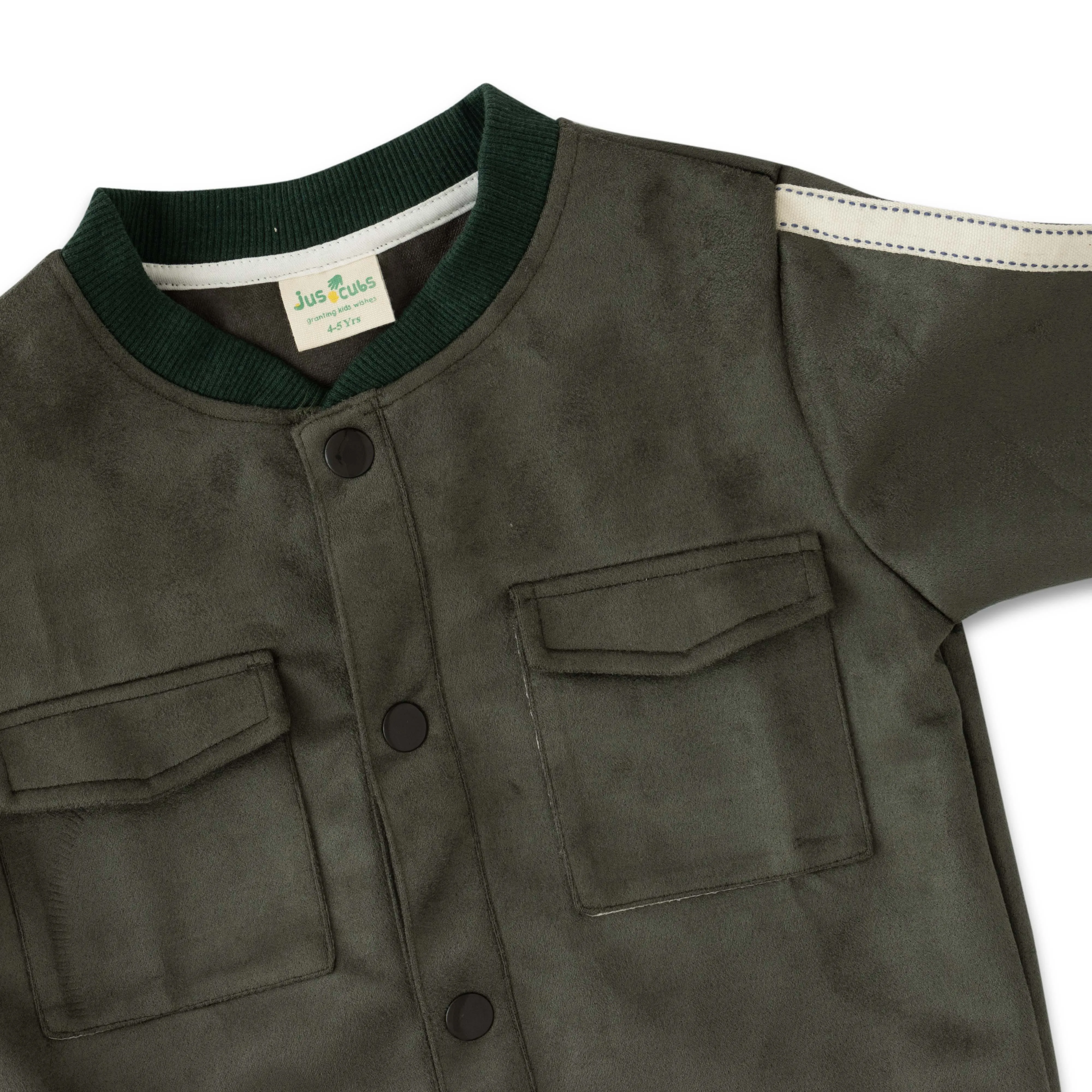 Boys' Olive Green Bomber Jacket  Snap Button Closure & Pocket Detail