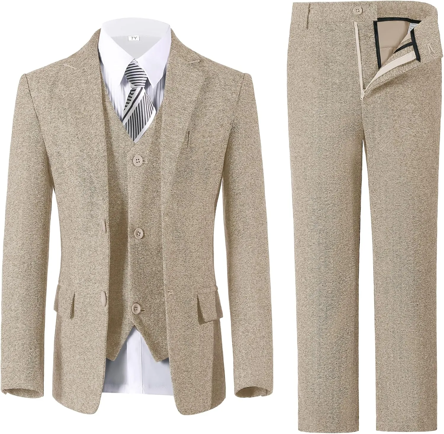 Boys Suit 6pcs Tweed Herringbone Suits for Kids Slim Fit Tuxedo Formal Jacket Wedding Shirt Blazer Vest Pants Set with Tie