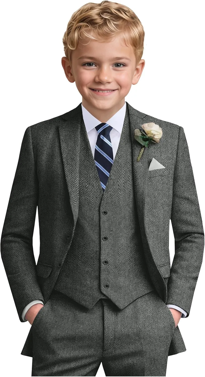 Boys Suit 6pcs Tweed Herringbone Suits for Kids Slim Fit Tuxedo Formal Jacket Wedding Shirt Blazer Vest Pants Set with Tie