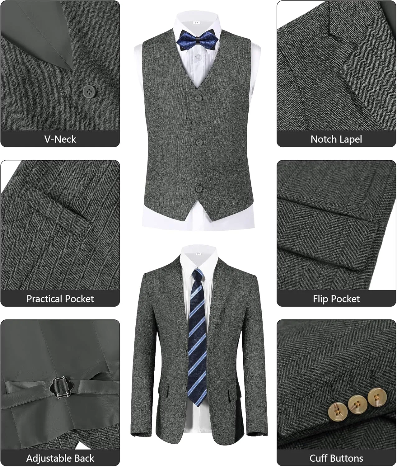 Boys Suit 6pcs Tweed Herringbone Suits for Kids Slim Fit Tuxedo Formal Jacket Wedding Shirt Blazer Vest Pants Set with Tie