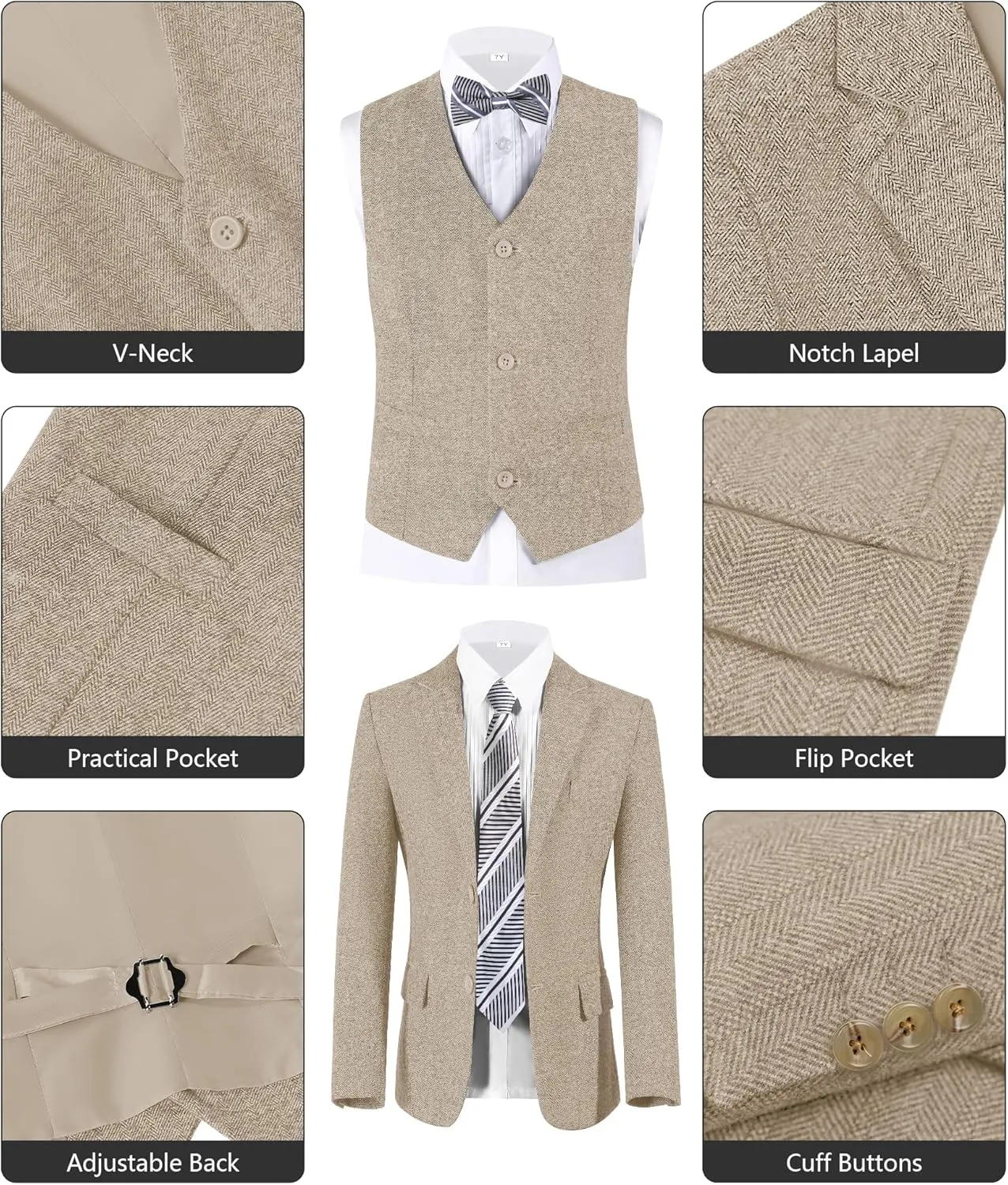 Boys Suit 6pcs Tweed Herringbone Suits for Kids Slim Fit Tuxedo Formal Jacket Wedding Shirt Blazer Vest Pants Set with Tie