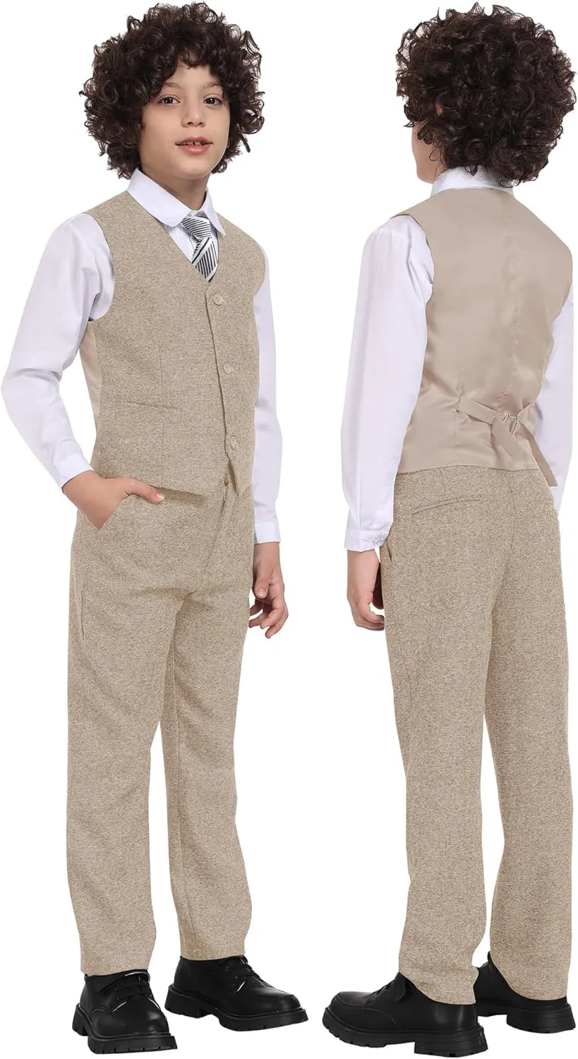 Boys Suit 6pcs Tweed Herringbone Suits for Kids Slim Fit Tuxedo Formal Jacket Wedding Shirt Blazer Vest Pants Set with Tie
