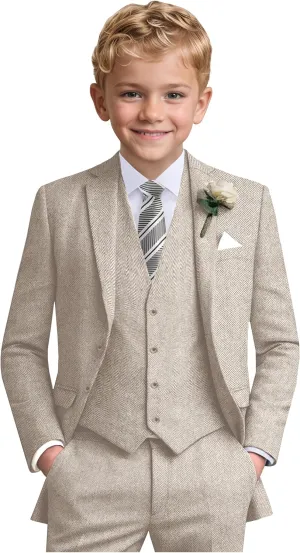 Boys Suit 6pcs Tweed Herringbone Suits for Kids Slim Fit Tuxedo Formal Jacket Wedding Shirt Blazer Vest Pants Set with Tie