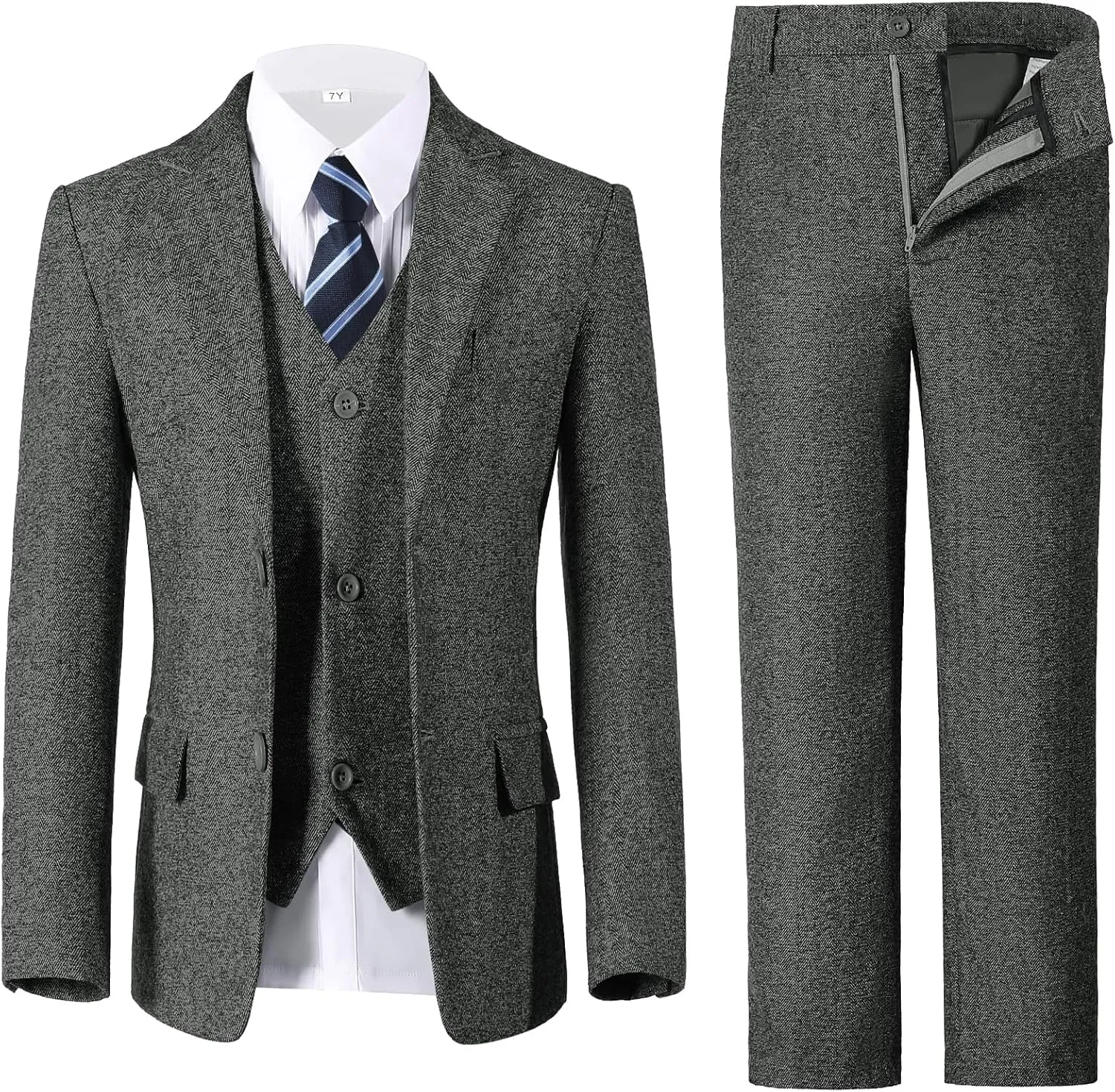 Boys Suit 6pcs Tweed Herringbone Suits for Kids Slim Fit Tuxedo Formal Jacket Wedding Shirt Blazer Vest Pants Set with Tie