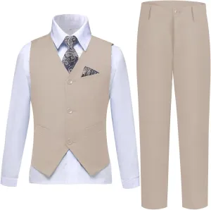 Boys Suit Formal Dress Pants Vest Suit Set for Boys Wedding Outfits with Dress Shirt Tie and Pocket Square