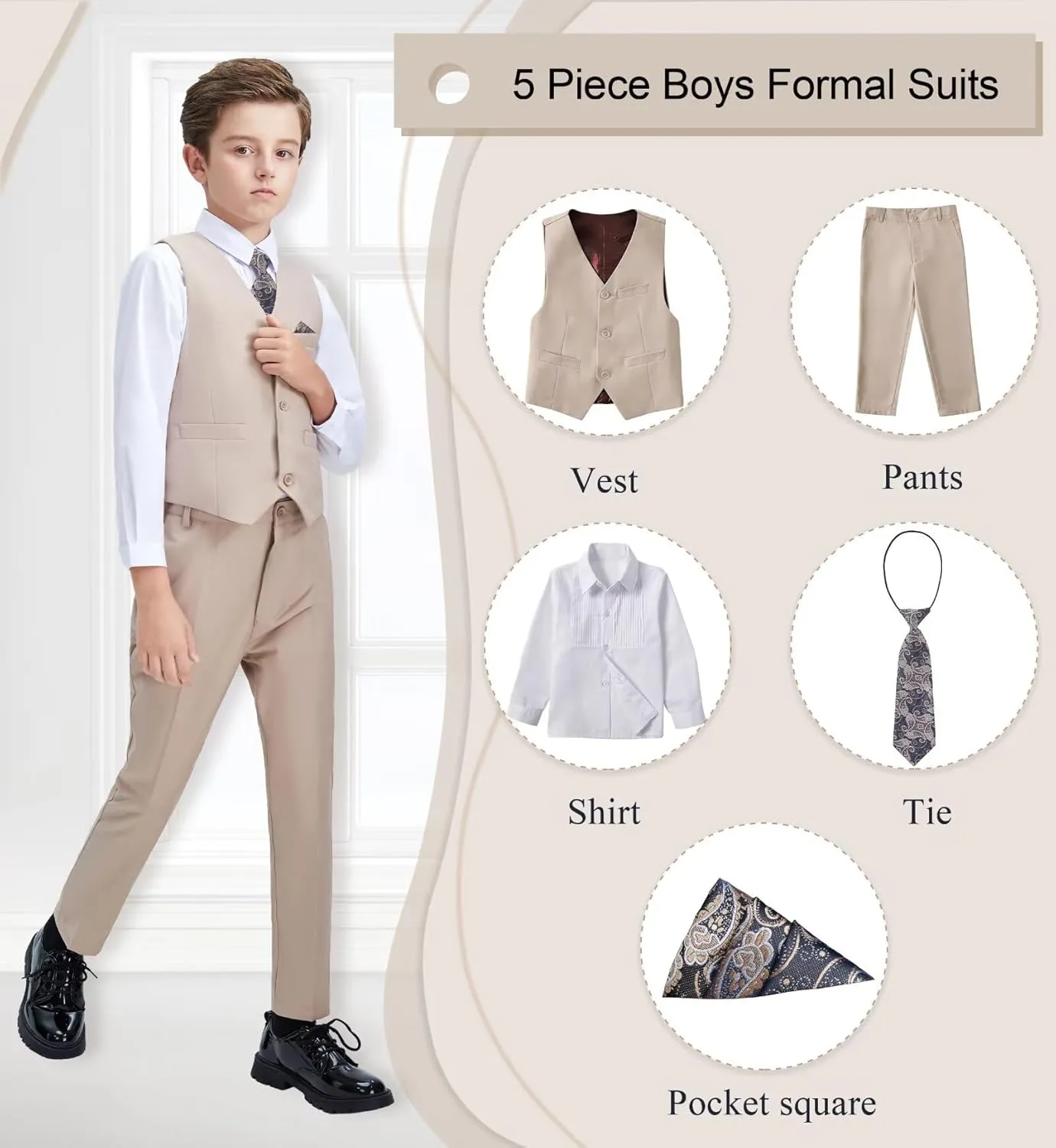 Boys Suit Formal Dress Pants Vest Suit Set for Boys Wedding Outfits with Dress Shirt Tie and Pocket Square