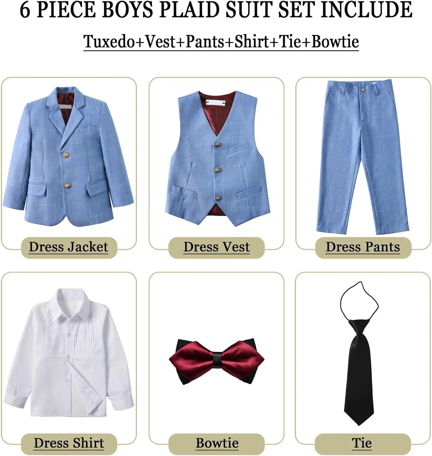 Boy's Suit Kids Plaid Suits for Boy Wedding Outfits Boys Plaid Blazer Vest Pants Ties Formal Suit Set