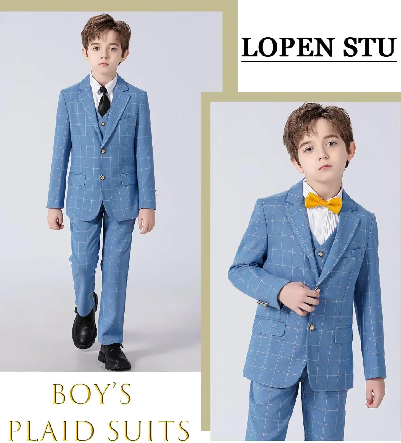 Boy's Suit Kids Plaid Suits for Boy Wedding Outfits Boys Plaid Blazer Vest Pants Ties Formal Suit Set