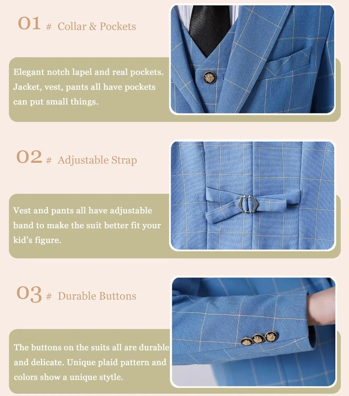 Boy's Suit Kids Plaid Suits for Boy Wedding Outfits Boys Plaid Blazer Vest Pants Ties Formal Suit Set