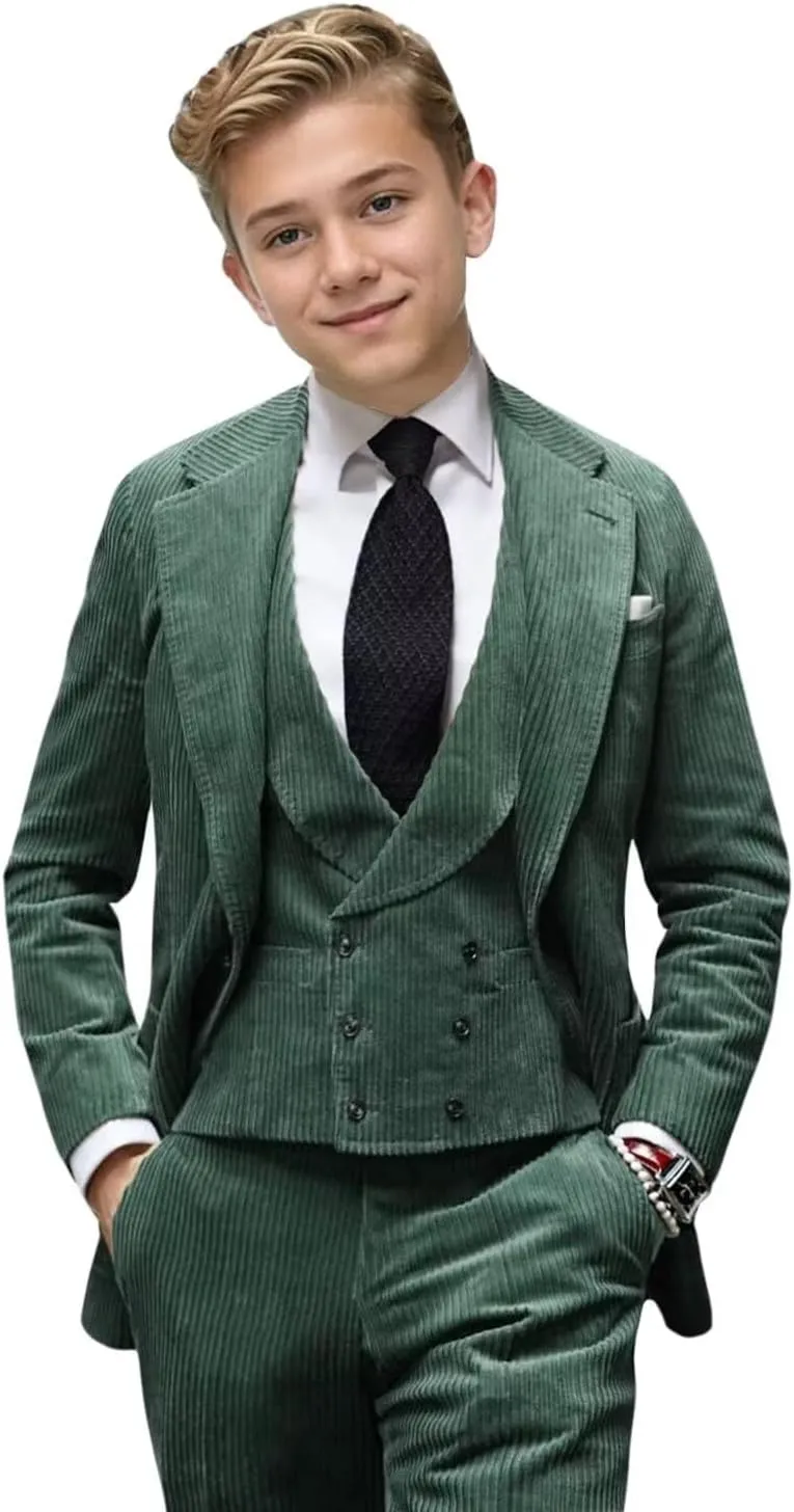 Boys Velvet Corduroy Suit for Kids Slim Fit Tuxedo 3 Piece Formal Boys Suits Corduroy Blazer Vest Pants Set