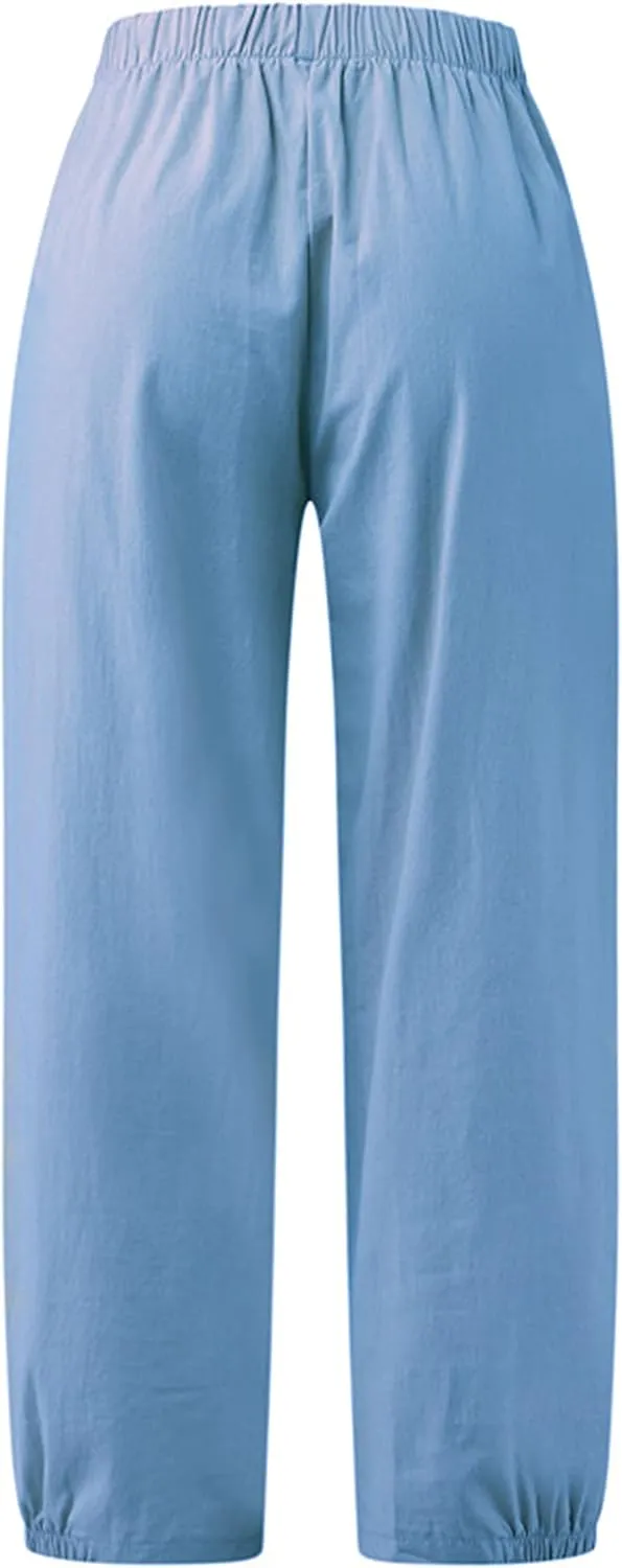 Bozanly Womens Summer Capri Pants Elastic Waist Cotton Linen Yoga Cropped Pants Trousers