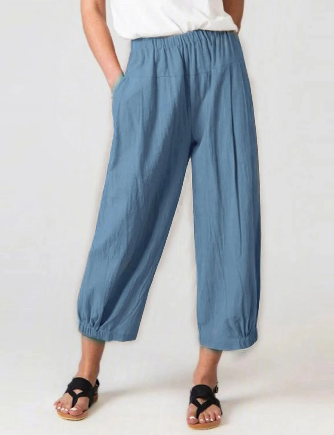 Bozanly Womens Summer Capri Pants Elastic Waist Cotton Linen Yoga Cropped Pants Trousers