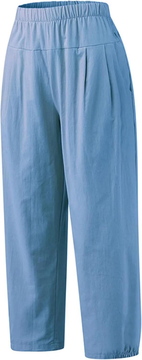 Bozanly Womens Summer Capri Pants Elastic Waist Cotton Linen Yoga Cropped Pants Trousers