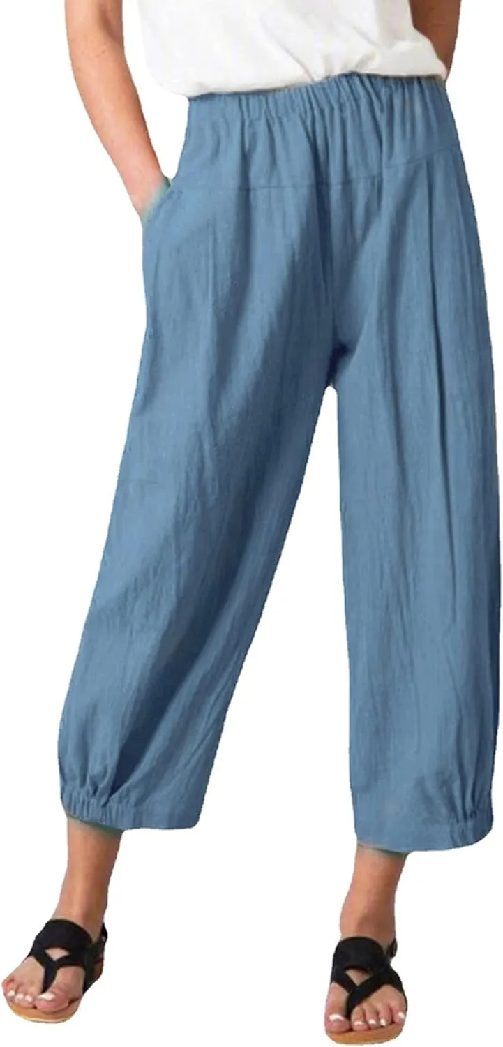 Bozanly Womens Summer Capri Pants Elastic Waist Cotton Linen Yoga Cropped Pants Trousers