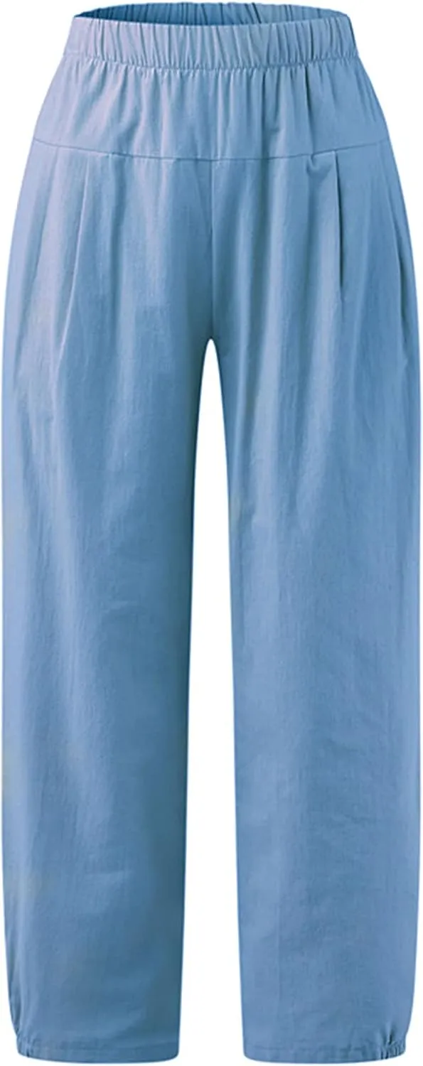 Bozanly Womens Summer Capri Pants Elastic Waist Cotton Linen Yoga Cropped Pants Trousers