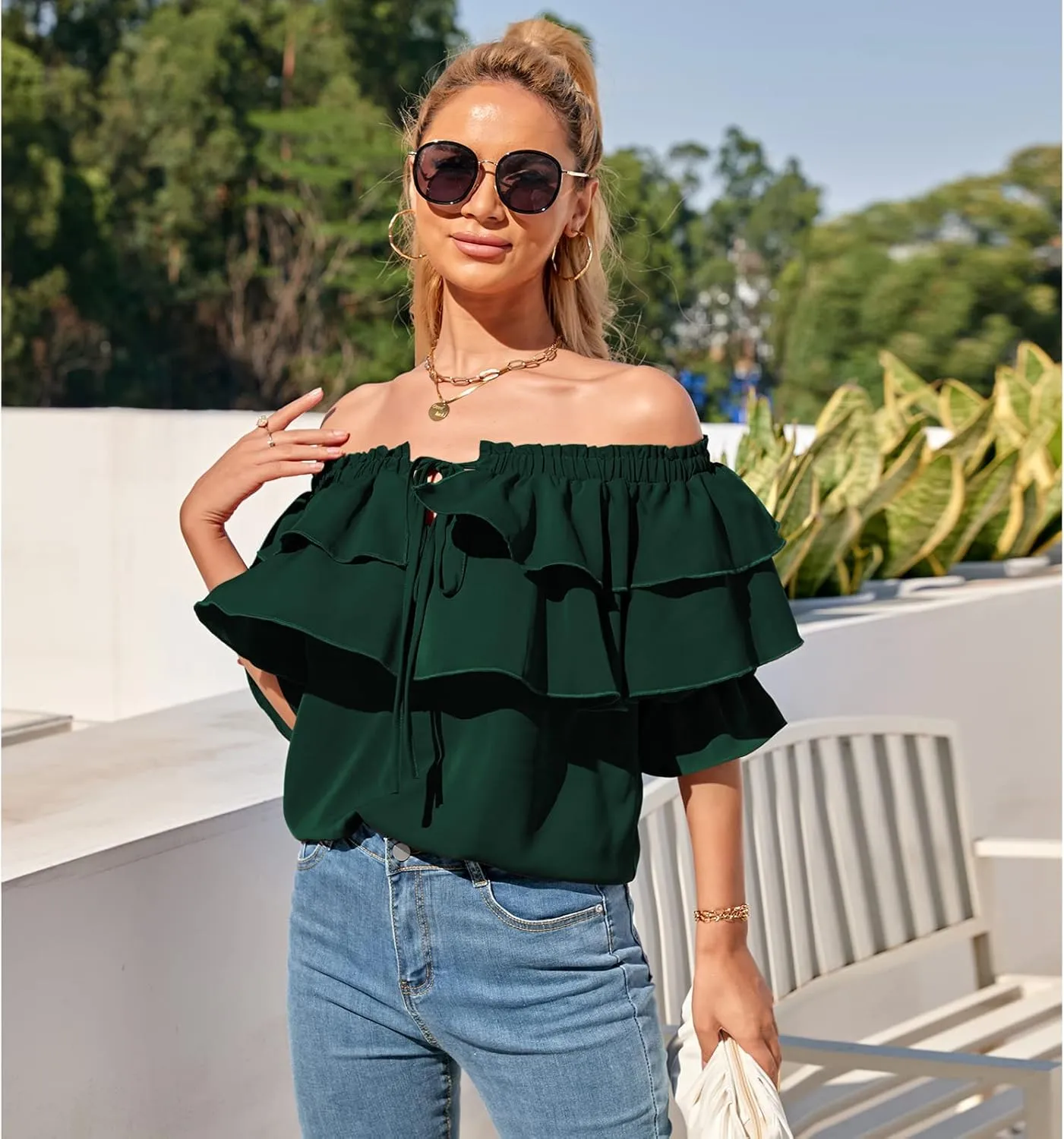 Byinns Women's Off Shoulder Ruffle Trendy Summer Fashion Long Sleeve Blouse Sexy Dressy Casual Outfits Layered Tops