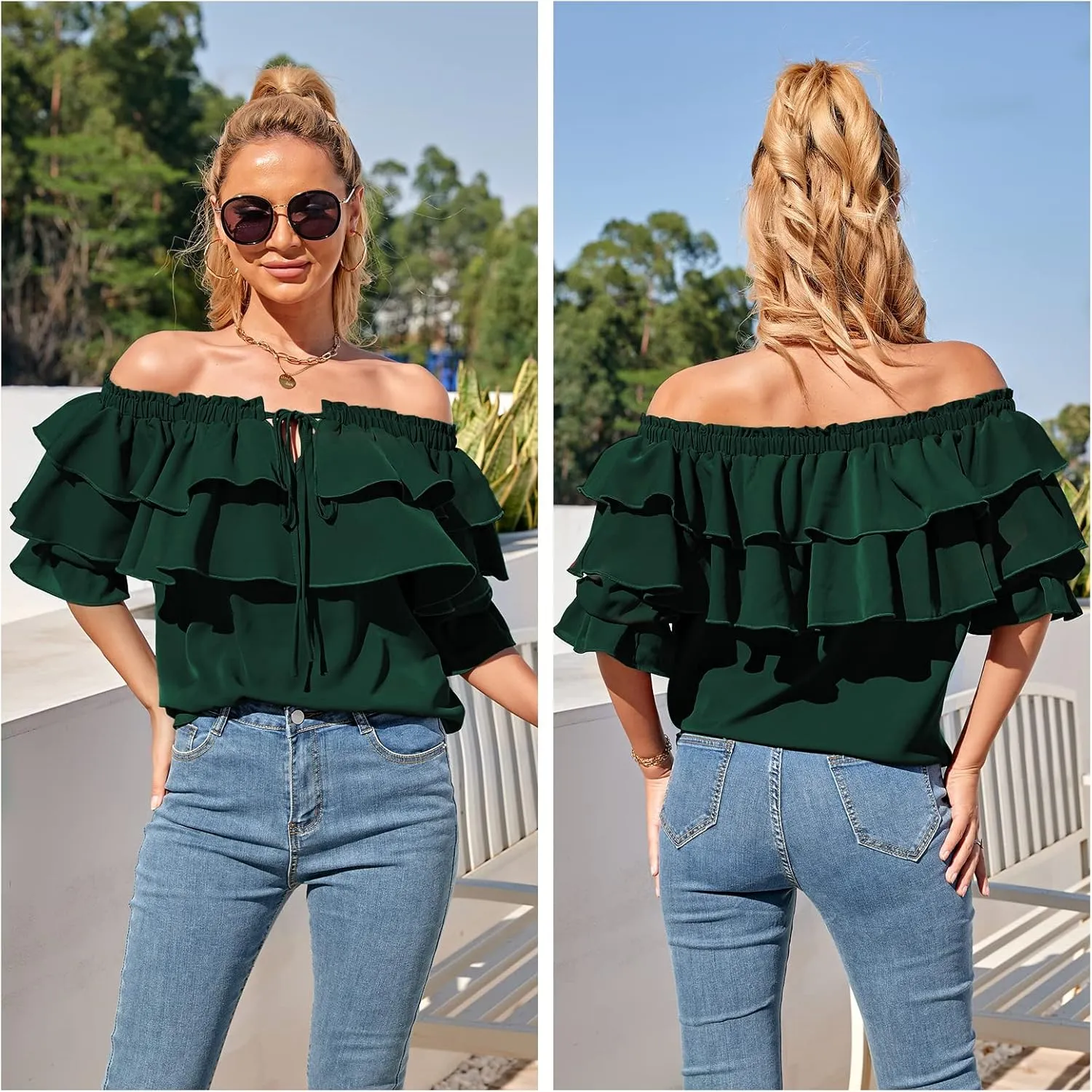 Byinns Women's Off Shoulder Ruffle Trendy Summer Fashion Long Sleeve Blouse Sexy Dressy Casual Outfits Layered Tops