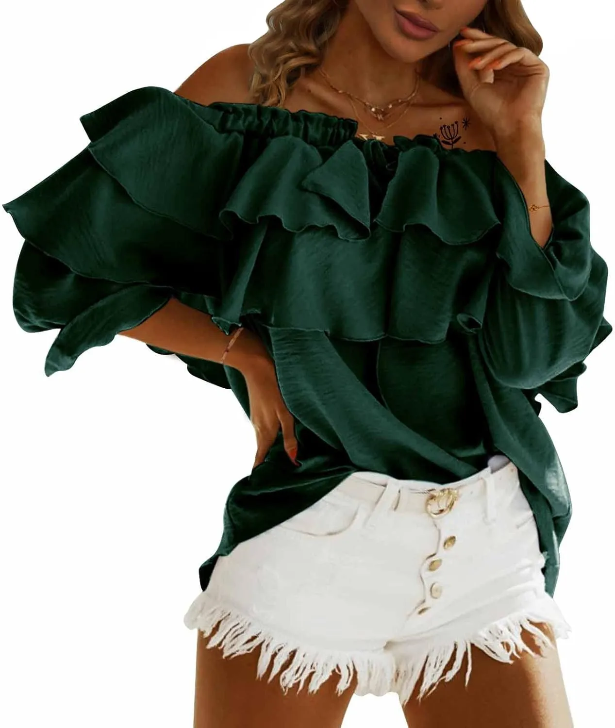 Byinns Women's Off Shoulder Ruffle Trendy Summer Fashion Long Sleeve Blouse Sexy Dressy Casual Outfits Layered Tops