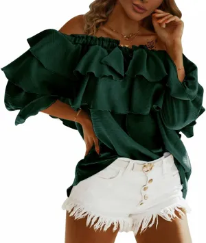 Byinns Women's Off Shoulder Ruffle Trendy Summer Fashion Long Sleeve Blouse Sexy Dressy Casual Outfits Layered Tops