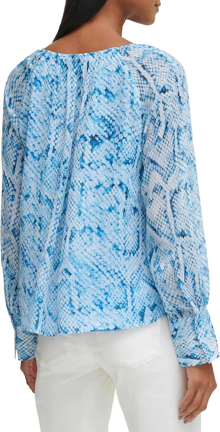 Calvin Klein Women's Printed Crinkle Neck Long Sleeve Blouse Top