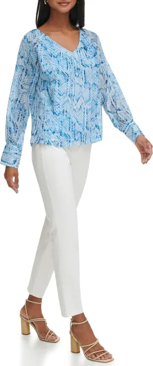 Calvin Klein Women's Printed Crinkle Neck Long Sleeve Blouse Top