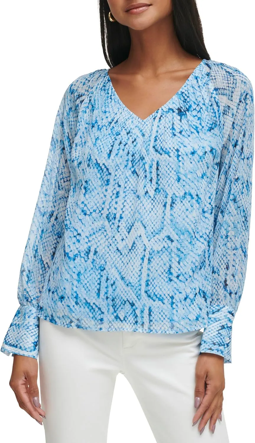 Calvin Klein Women's Printed Crinkle Neck Long Sleeve Blouse Top