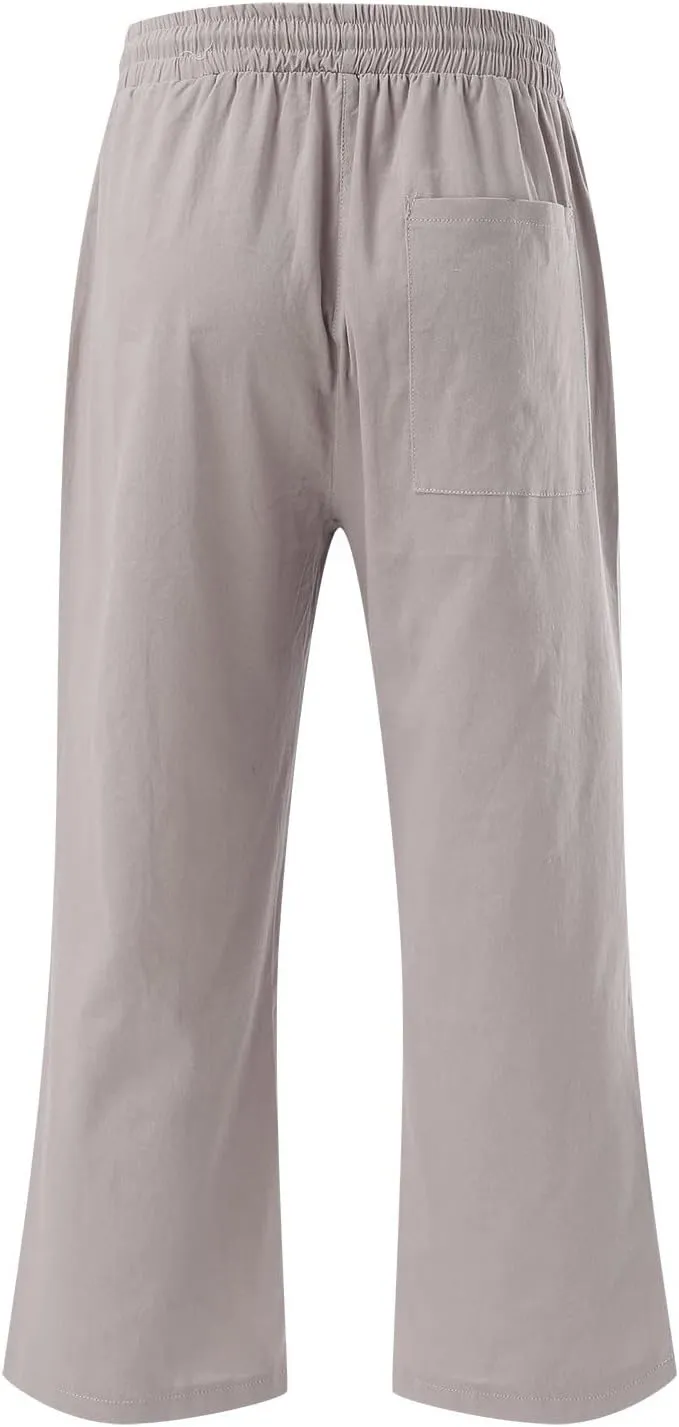 Capri Pants for Women Casual Summer Linen Pants Wide Leg Drawstring High Waist Baggy Cropped Trousers with Pockets