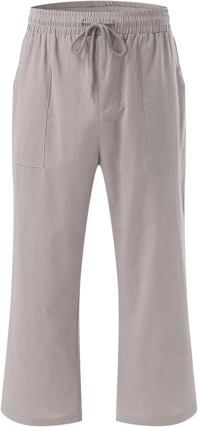 Capri Pants for Women Casual Summer Linen Pants Wide Leg Drawstring High Waist Baggy Cropped Trousers with Pockets