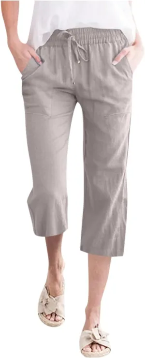 Capri Pants for Women Casual Summer Linen Pants Wide Leg Drawstring High Waist Baggy Cropped Trousers with Pockets