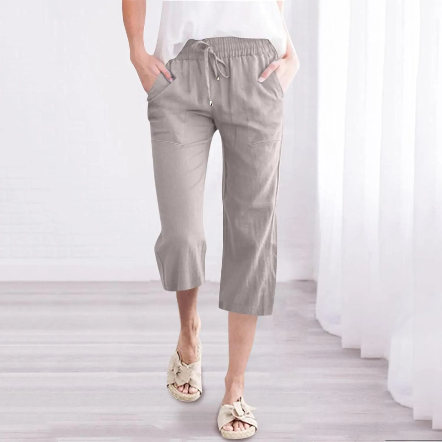 Capri Pants for Women Casual Summer Linen Pants Wide Leg Drawstring High Waist Baggy Cropped Trousers with Pockets